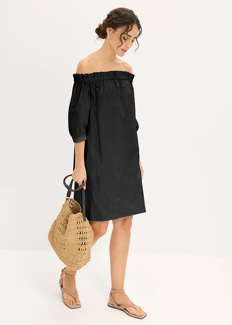 Off shoulder-kjole i 100% bomull med hullbroderi, bonprix
