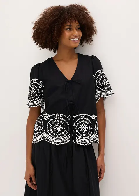 Bluse i 100% bomull med hullbroderier, bonprix