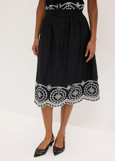 Midiskj&oslash;rt med hullbroderi av 100% bomull, bonprix