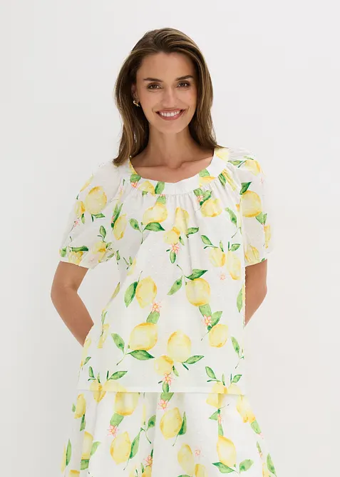 Bomullsbluse med korte ballongermer, bonprix