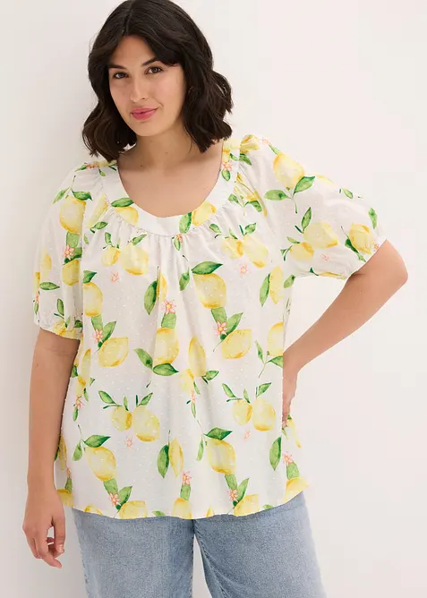 Bomullsbluse med korte ballongermer, bonprix