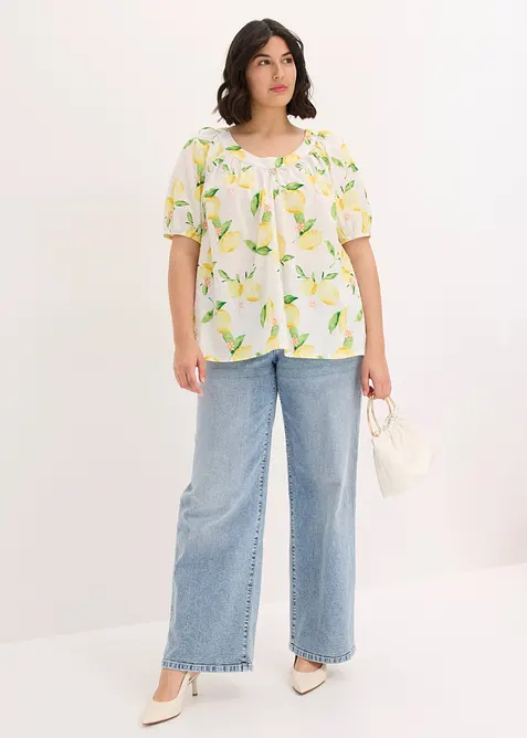 Bomullsbluse med korte ballongermer, bonprix