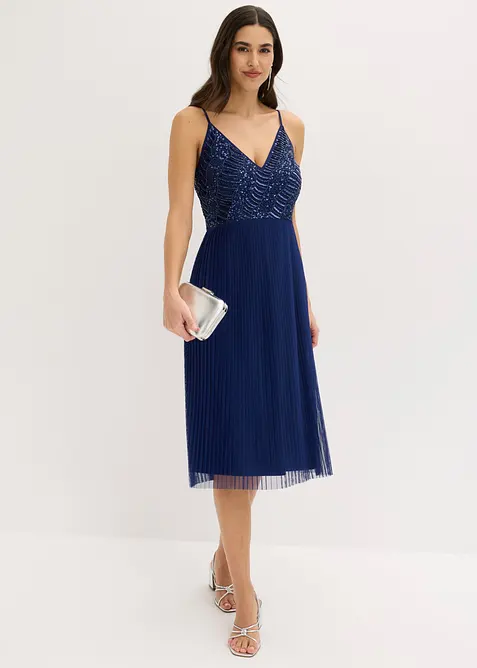 Midikjole med foldeskj&oslash;rt og paljettbroderi, bonprix