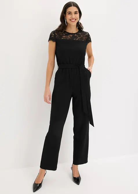 Jumpsuit i fin jersey med blonder, bonprix