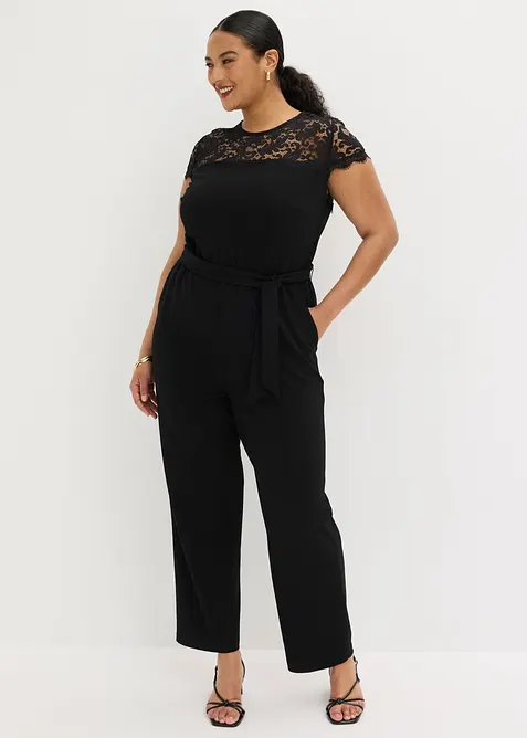 Jumpsuit i fin jersey med blonder, bonprix