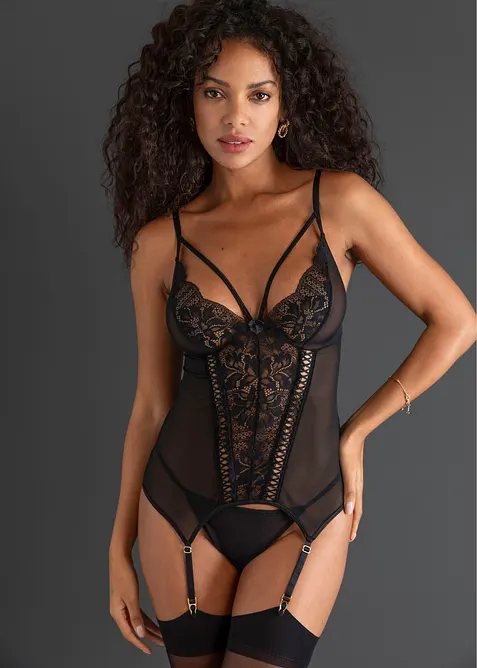 Korsett med str&oslash;mpeholdere og stringtruse (2-delt sett), bonprix