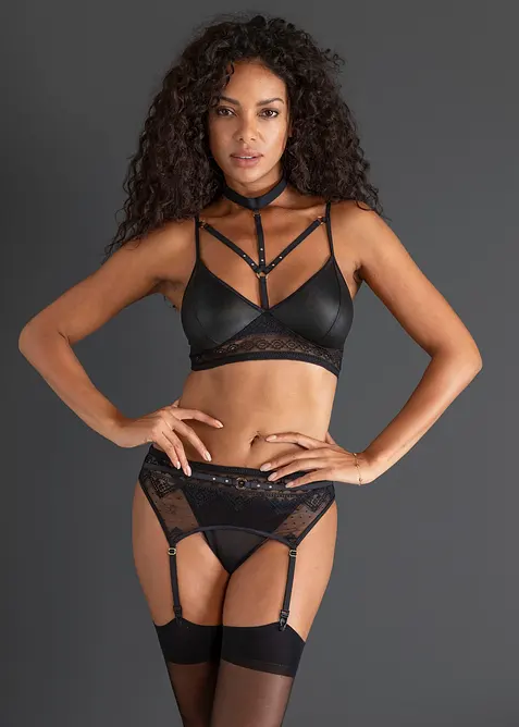 Bralette + stringtruse + stroppeholder i wetlook (3-delt sett), bonprix