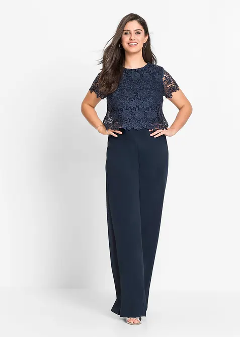 Jumpsuit i myk scuba med blonder, bonprix