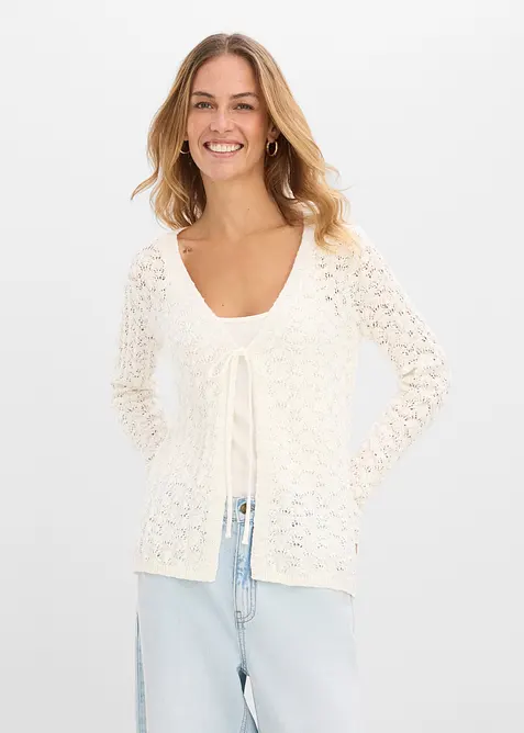 Strikkejakke med hullstrikk av 100% bomull, bonprix