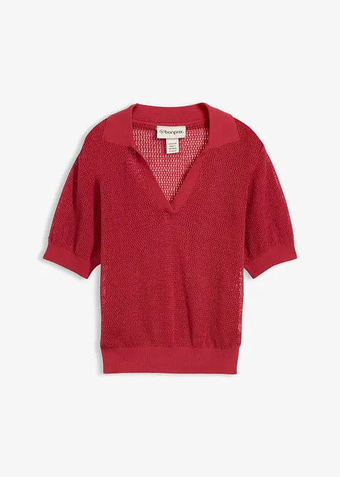 Strikket topp med lin, krage og hullm&oslash;nster, bonprix