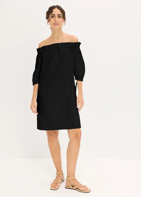 Off shoulder-kjole i 100% bomull med hullbroderi, bonprix