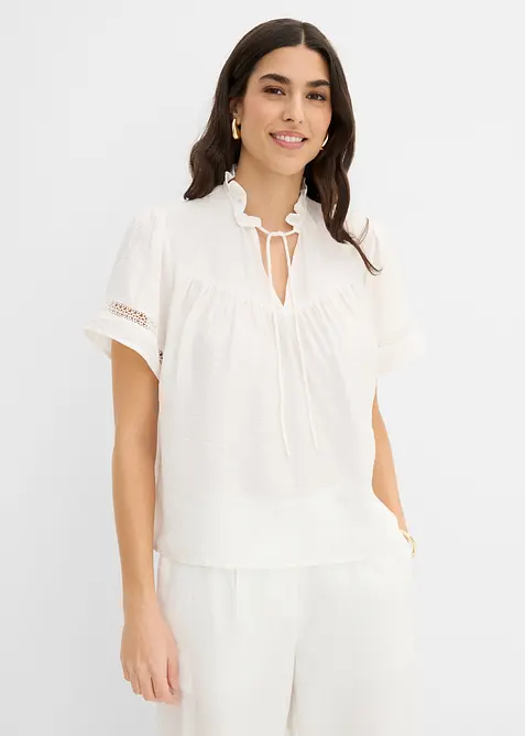 Kortermet bluse med innfelte blonder, bonprix