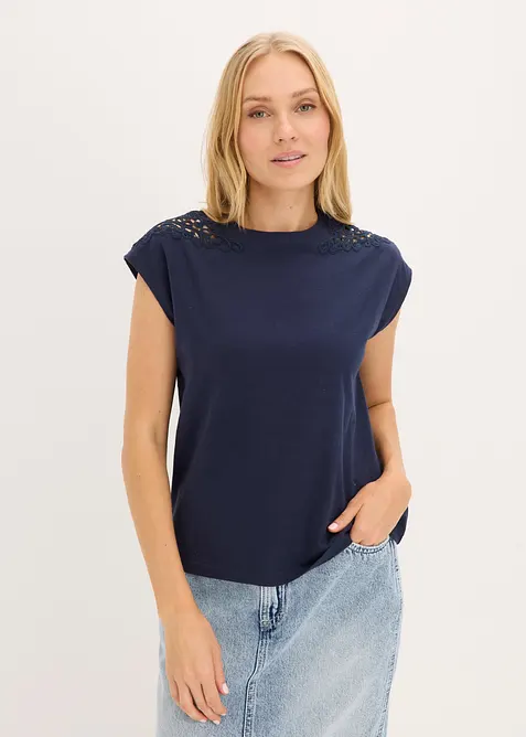 Topp i 100% bomull med innfelte blonder, bonprix