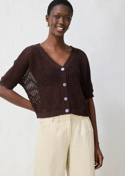 Cardigan med linandel og hullm&oslash;nster, bonprix