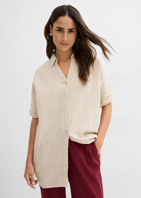 Oversized, lang skjorte i 100% bomullsmusselin, bonprix