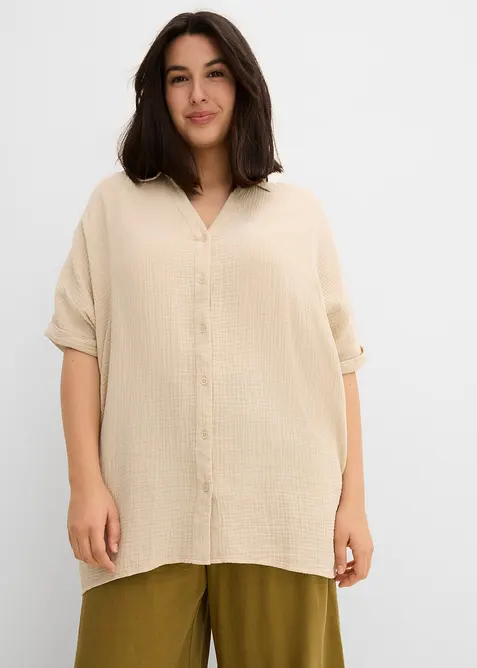 Oversized, lang skjorte i 100% bomullsmusselin, bonprix