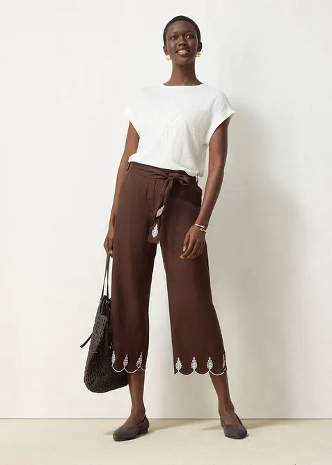 Culotte i lin med belte (2-delt sett), bonprix