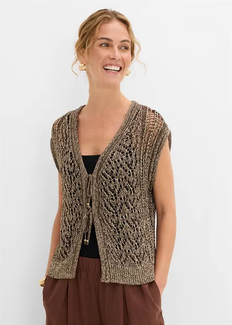 Strikket vest med viskose, hullm&oslash;nster og glittergarn, bonprix