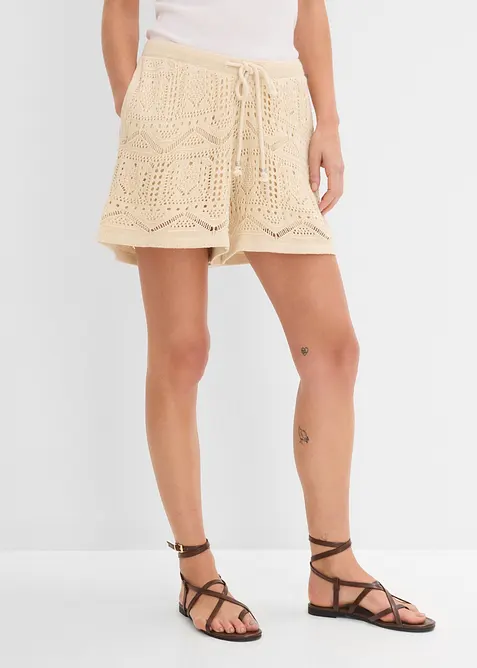 Strikket shorts i bomullsmiks med hullm&oslash;nster, bonprix