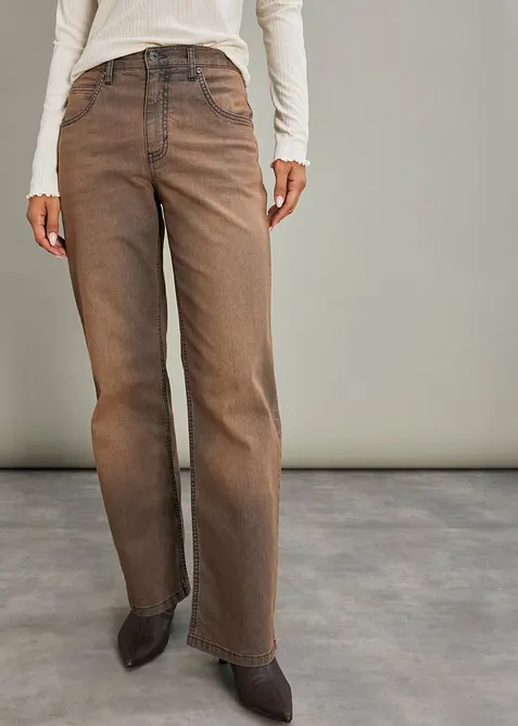 Wide Leg-jeans High Waist med vintage vasket effekt, bonprix
