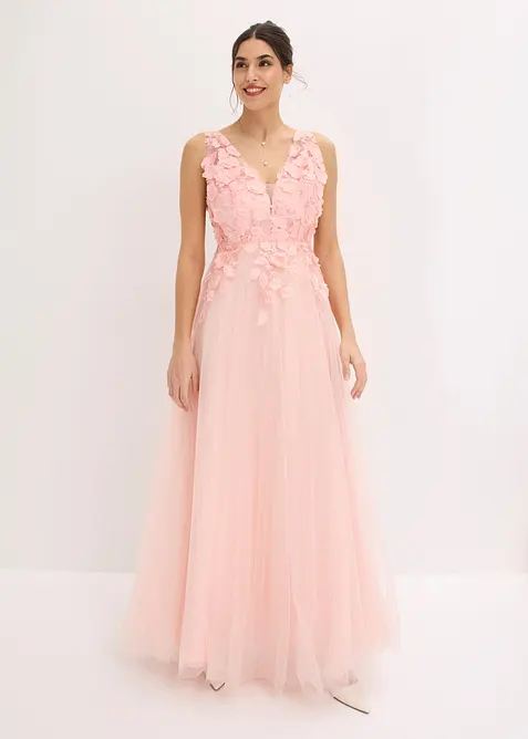 Maxikjole i fin tyll med applikerte blomster, bonprix