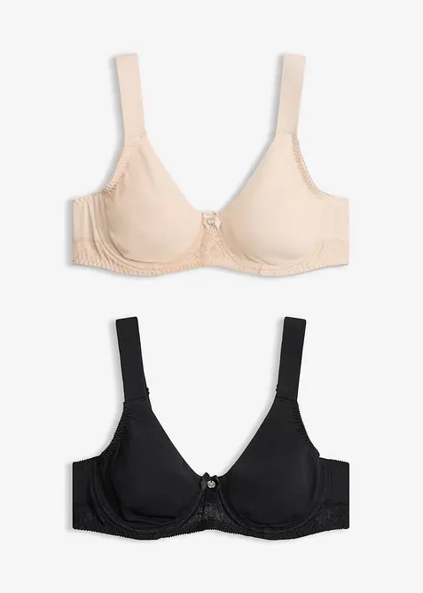 T-skjorte-BH med spiler, bomull og blonder (2-pack), bonprix