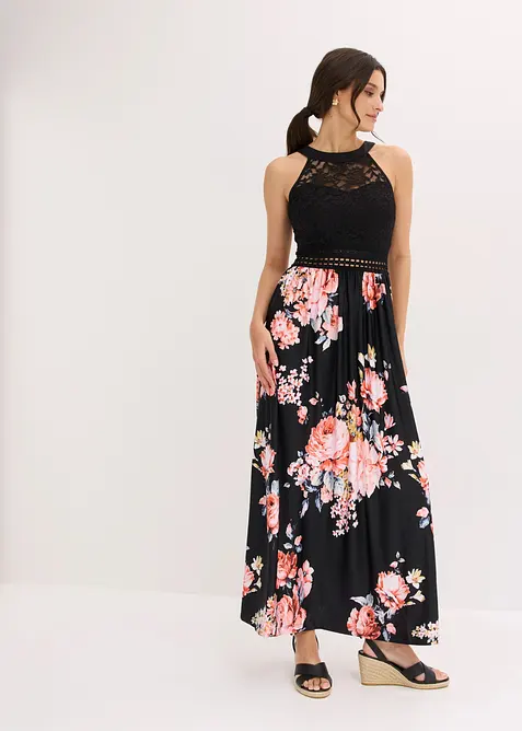 Maxi-sommerkjole med blomstertrykk og blonder, bonprix