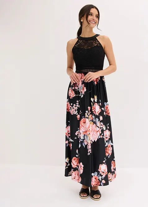 Maxi-sommerkjole med blomstertrykk og blonder, bonprix