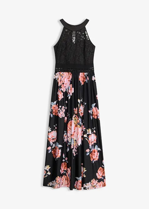 Maxi-sommerkjole med blomstertrykk og blonder, bonprix