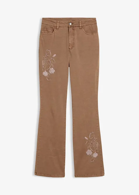 Bootcut-bukse med broderi av elastisk bomullsmiks, bonprix