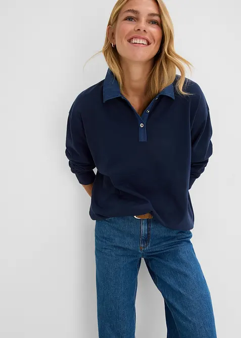Oversized sweatshirt i bomullsmiks med krage i denim, bonprix