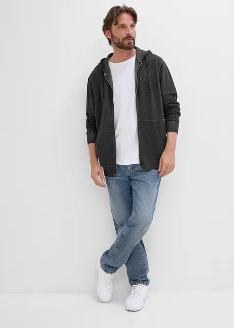 Sweatjakke med hette i vasket stil av 100% bomull, bonprix