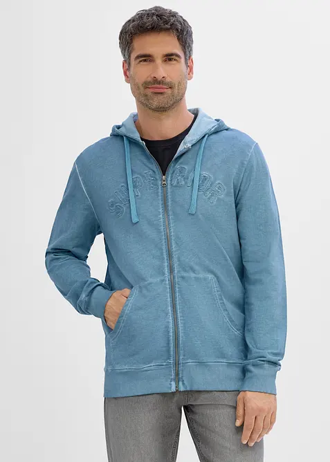 Sweatjakke med hette i vasket stil av 100% bomull, bonprix