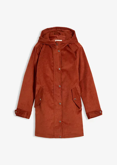 Varm cord-parkas med teddyf&ocirc;r i hetten, i A-fasong, bonprix