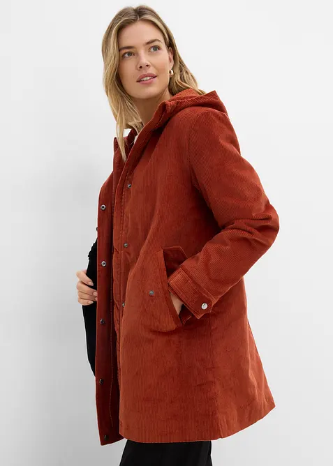 Varm cord-parkas med teddyf&ocirc;r i hetten, i A-fasong, bonprix