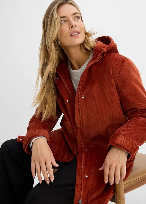 Varm cord-parkas med teddyf&ocirc;r i hetten, i A-fasong, bonprix