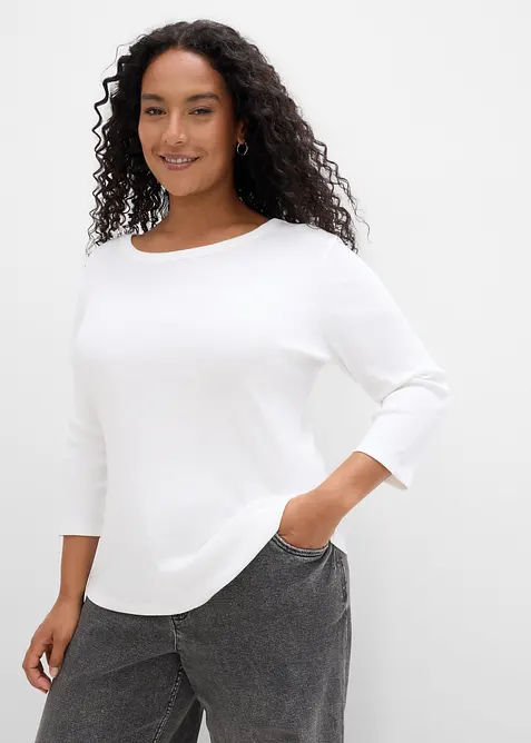 Ribbet topp i 100% &oslash;kologisk bomull med 3/4-lange ermer (3-pack), bonprix
