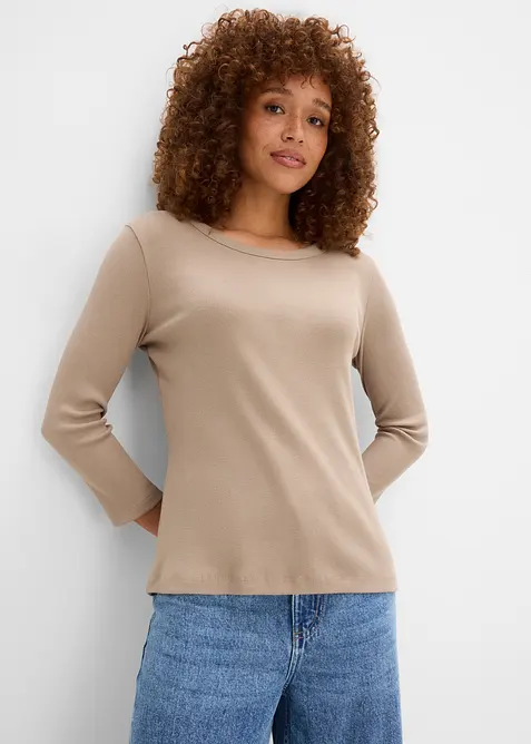 Ribbet topp i 100% &oslash;kologisk bomull med 3/4-lange ermer (3-pack), bonprix