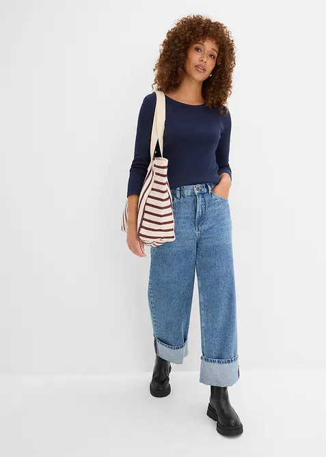 Ribbet topp i 100% &oslash;kologisk bomull med 3/4-lange ermer (3-pack), bonprix