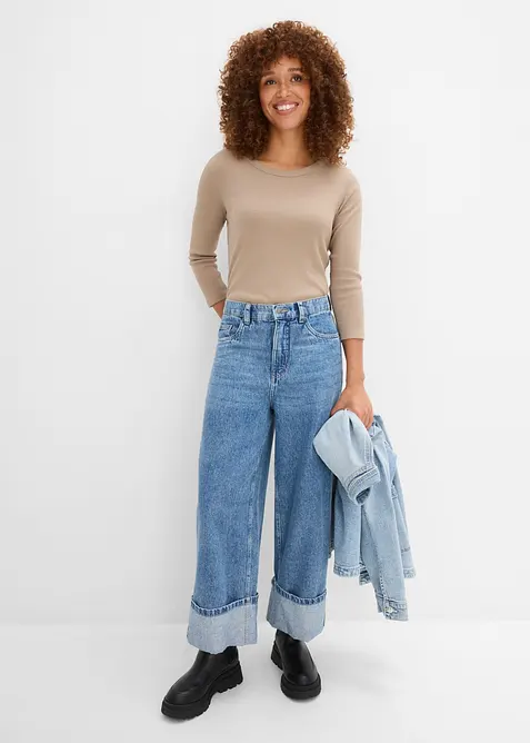 Ribbet topp i 100% &oslash;kologisk bomull med 3/4-lange ermer (3-pack), bonprix