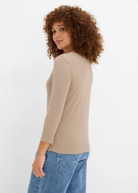 Ribbet topp i 100% &oslash;kologisk bomull med 3/4-lange ermer (3-pack), bonprix
