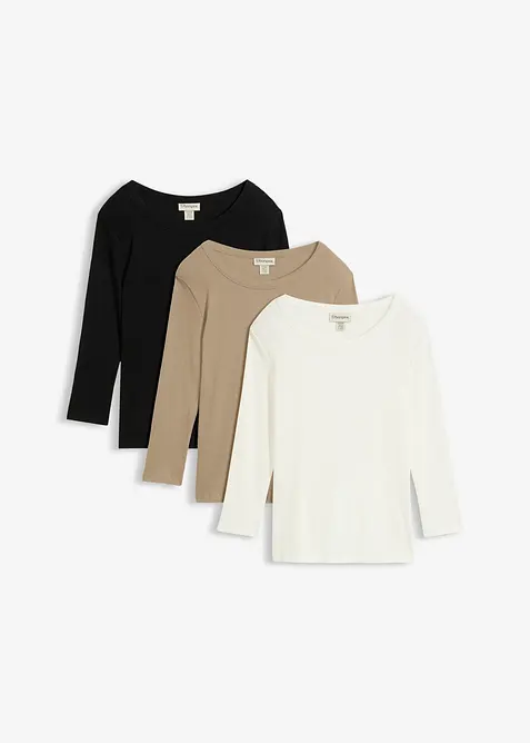 Ribbet topp i 100% &oslash;kologisk bomull med 3/4-lange ermer (3-pack), bonprix