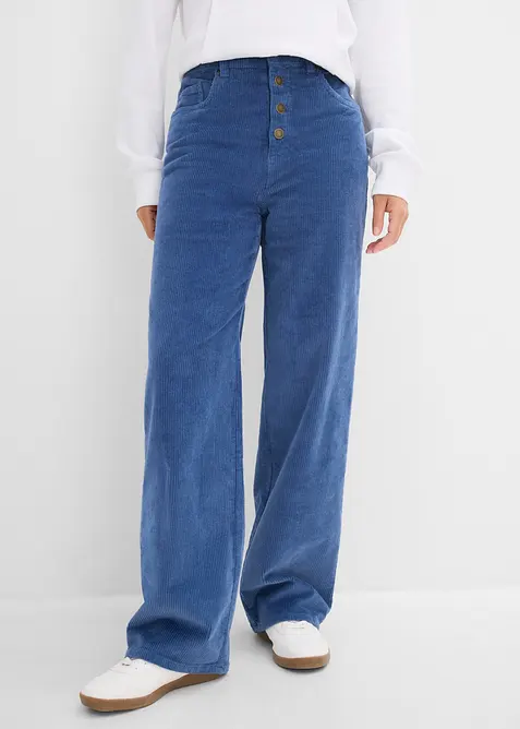 High waist kordfl&oslash;yelsbukse i bomullsmiks, bonprix