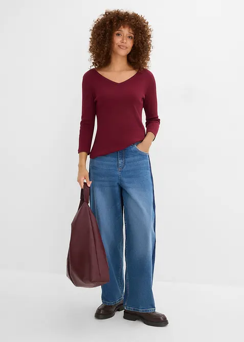 Ribbet topp i 100% &oslash;kologisk bomull med 3/4-lange ermer (3-pack), bonprix