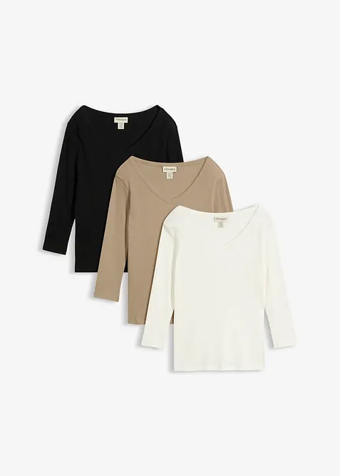 Ribbet topp i 100% &oslash;kologisk bomull med 3/4-lange ermer (3-pack), bonprix