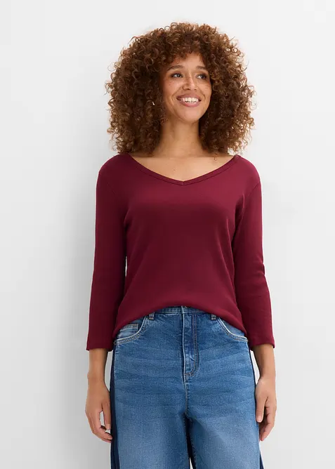 Ribbet topp i 100% &oslash;kologisk bomull med 3/4-lange ermer (3-pack), bonprix