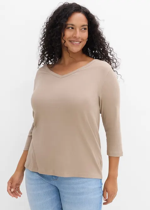 Ribbet topp i 100% &oslash;kologisk bomull med 3/4-lange ermer (3-pack), bonprix