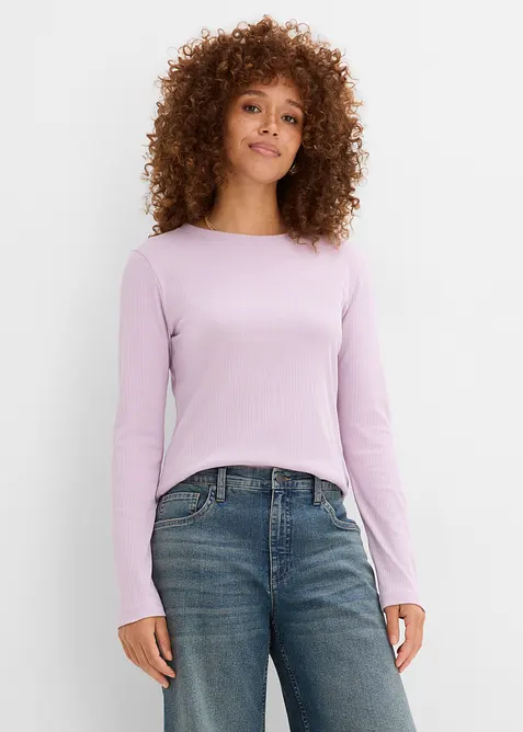 Ribbet, langermet topp i 100% bomull, bonprix