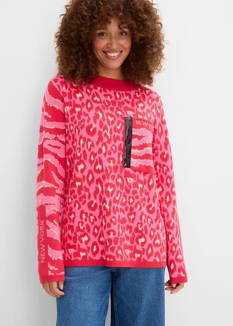 Finstrikket, leopardm&oslash;nstret genser, bonprix