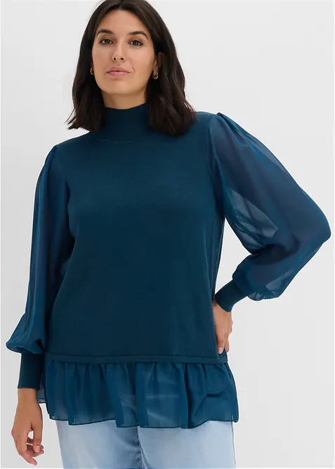 Finstrikket genser med bluseinnfelling, bonprix